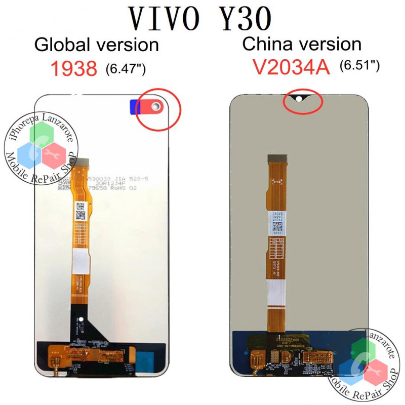Vivo Y30 1938 " VERSION GLOBAL / Vivo Y50 1935 / Y70s V2002A - PANTALLA COMPATIBLE HQ SIN MARCO