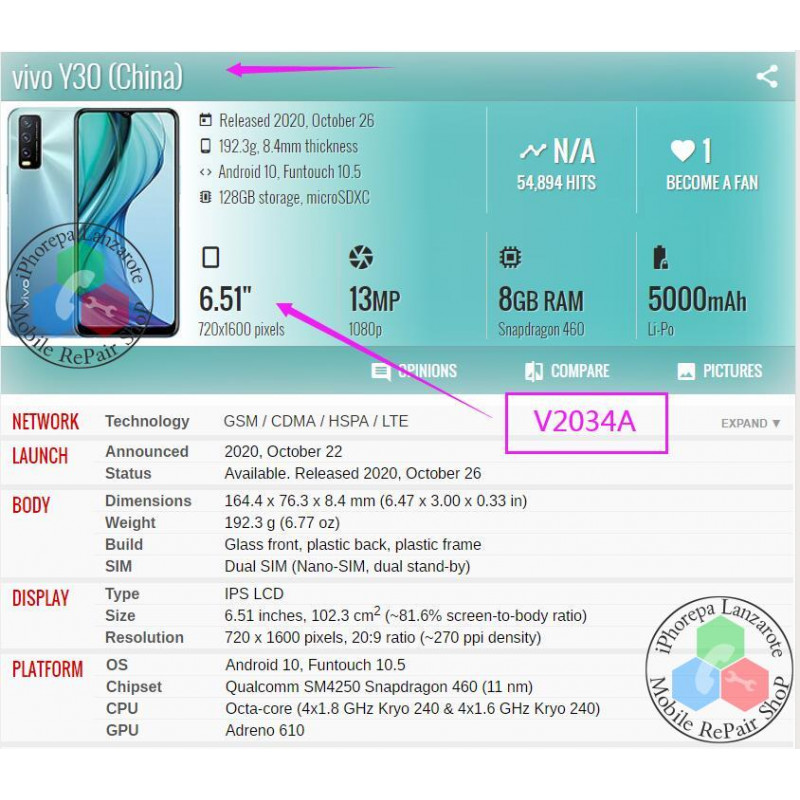Vivo Y30 1938 " VERSION GLOBAL / Vivo Y50 1935 / Y70s V2002A - PANTALLA COMPATIBLE HQ SIN MARCO