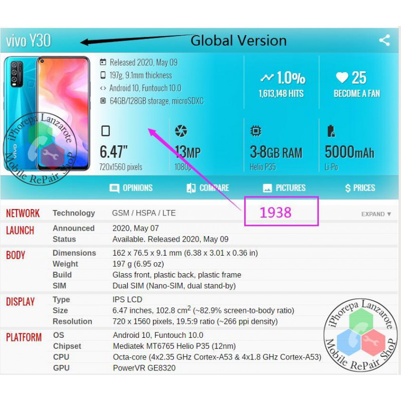 Vivo Y30 1938 " VERSION GLOBAL / Vivo Y50 1935 / Y70s V2002A - PANTALLA COMPATIBLE HQ SIN MARCO