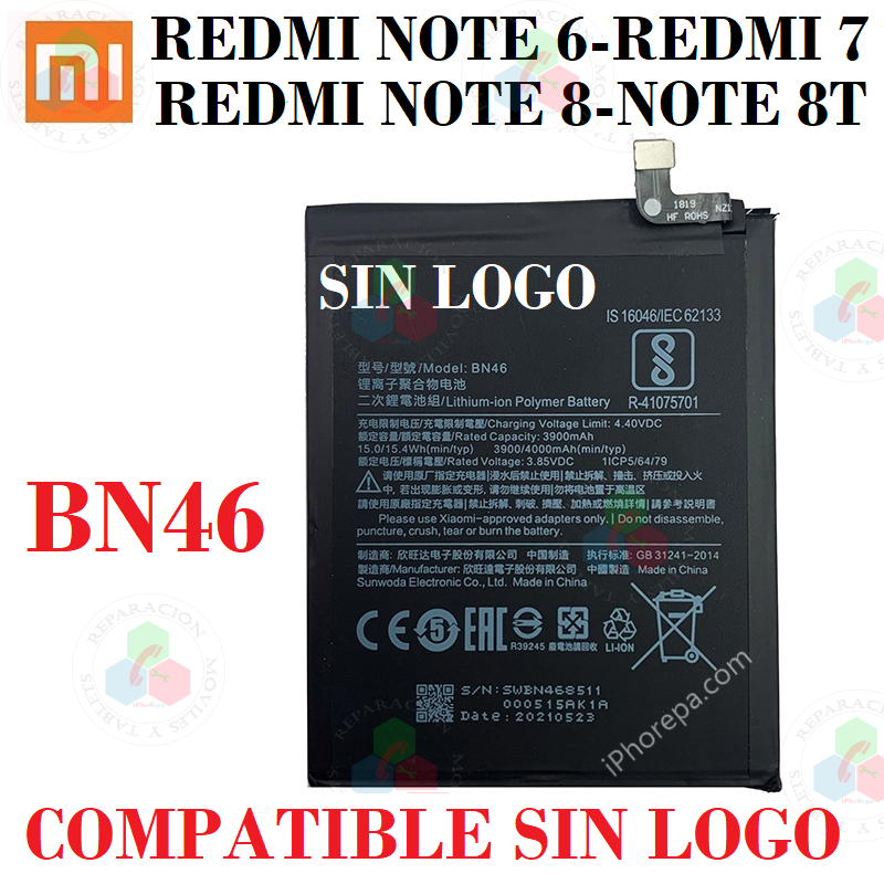 XIAOMI REDMI NOTE 8 / NOTE 8T / NOTE 6 / REDMI 7 / REDMI 8T - BN46 - BATERÍA compatible sin LOGO