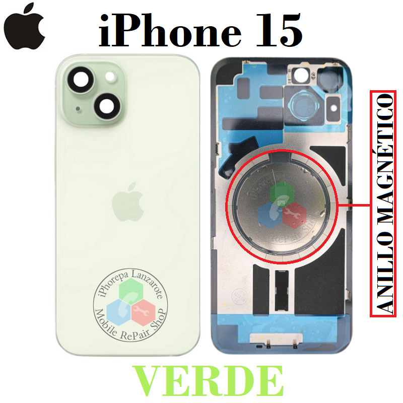 iPhone 15 5G 2023 A3090 - TAPA DE CRISTAL + MARCO + LENTE DE CAMARA + ANILLO MAGNÉTICO + LOGO - VERDE