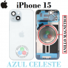 iPhone 15 5G 2023 A3090 - TAPA DE CRISTAL + MARCO + LENTE DE CAMARA + ANILLO MAGNÉTICO + LOGO - AZUL CELESTE