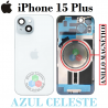 iPhone 15 Plus 5G 2023 A3094 - TAPA DE CRISTAL + MARCO + LENTE DE CAMARA + ANILLO MAGNÉTICO + LOGO - AZUL CELESTE