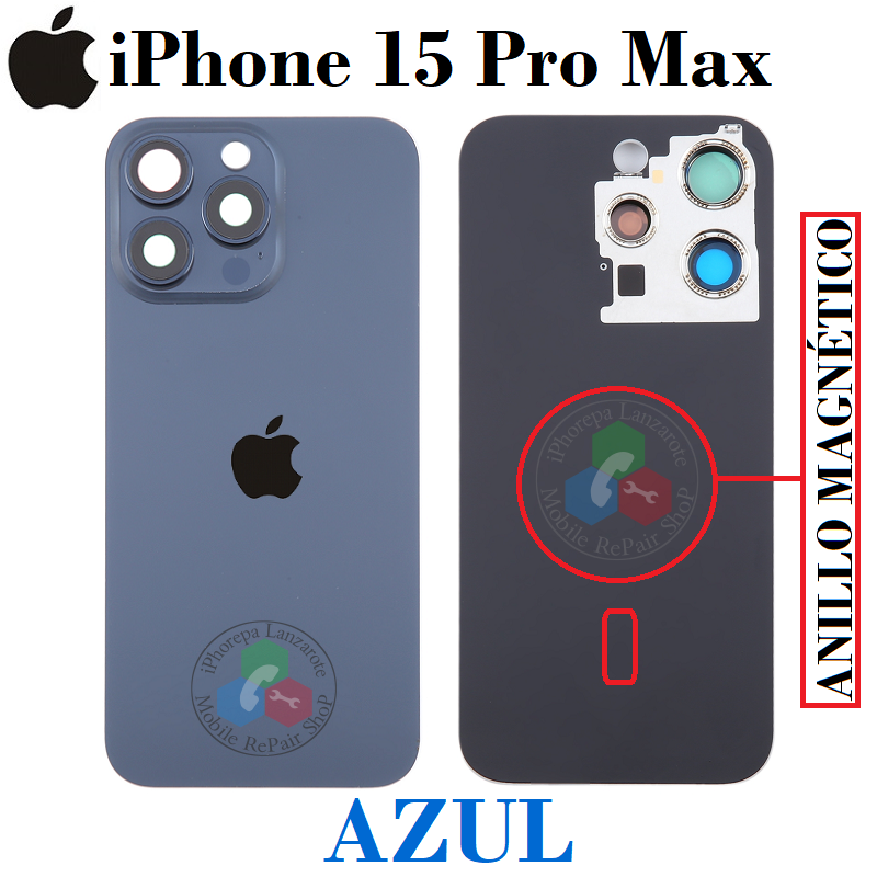 iPhone 15 Pro Max 2023 A3106 - TAPA DE CRISTAL + MARCO + LENTE DE CAMARA + ANILLO MAGNÉTICO + LOGO - TITANIO AZUL