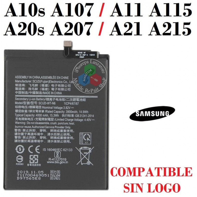 SAMSUNG A10s A107F / A11 A115F / A20s A207F / a21 a215F - BATERIA COMPATIBLE SIN LOGO