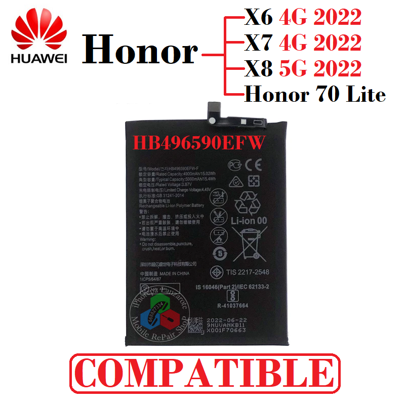 Huawei Honor X6 4G 2022 VNE-LX1/VNE-LX2 / Honor X7 4G 2022 CMA-LX2 / X8 5G 2022 VNE-N41 / Honor 70 Lite / HB496590EFW - BATERÍA
