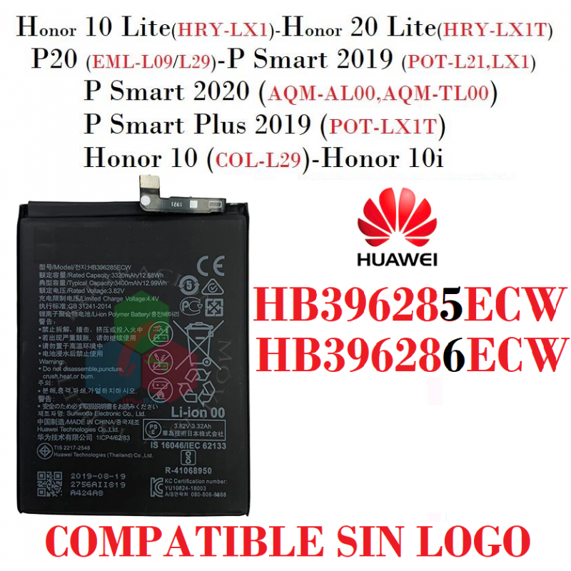 HUAWEI P20 / P SMART 2019 / P SMART 2020 / HONOR 10.10 LITE / HONOR 20 LITE - BATERIA COMPATIBLE SIN LOGO