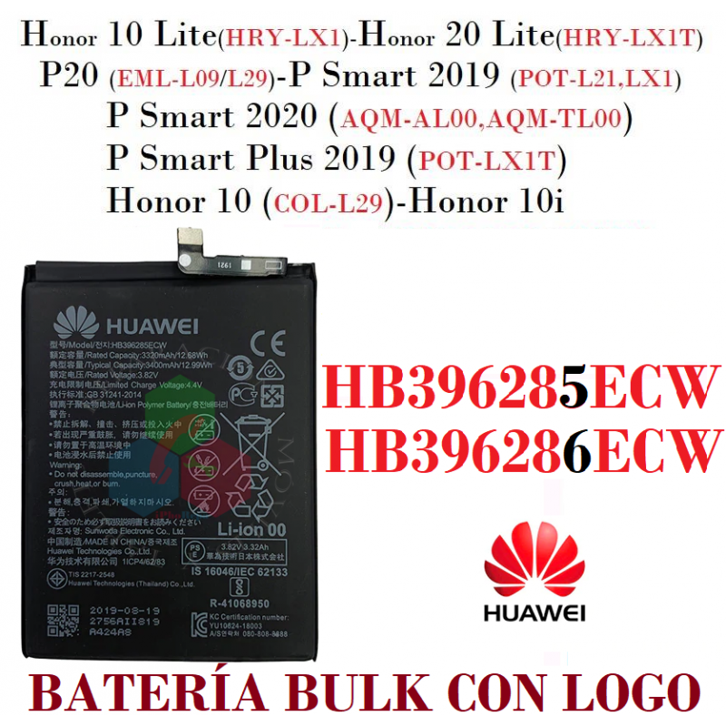 HUAWEI P20 / P SMART 2019 / P SMART 2020 / HONOR 10.10 LITE / HONOR 20 LITE - BATERIA BULK CON LOGO