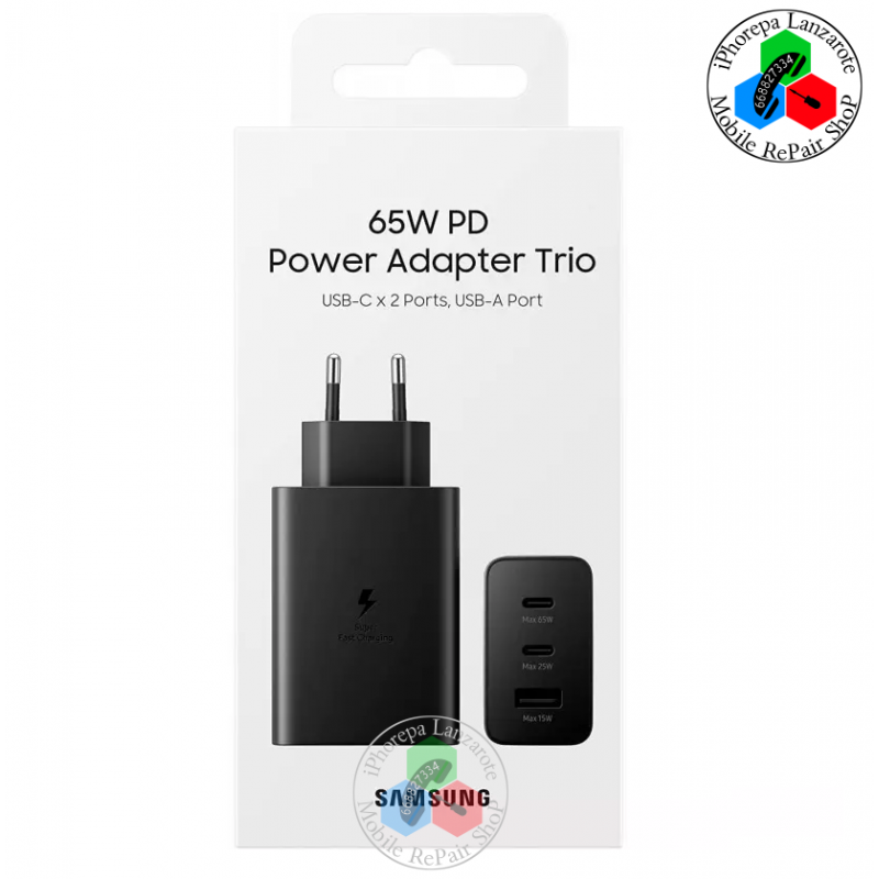 Samsung Cargador 65W Tipo C + 25W Tipo C + 15W USB-A - BASE DE CARGA TRIO