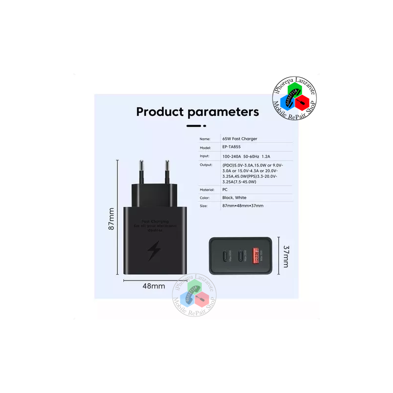 Samsung Cargador 65W Tipo C + 25W Tipo C + 15W USB-A - BASE DE CARGA TRIO