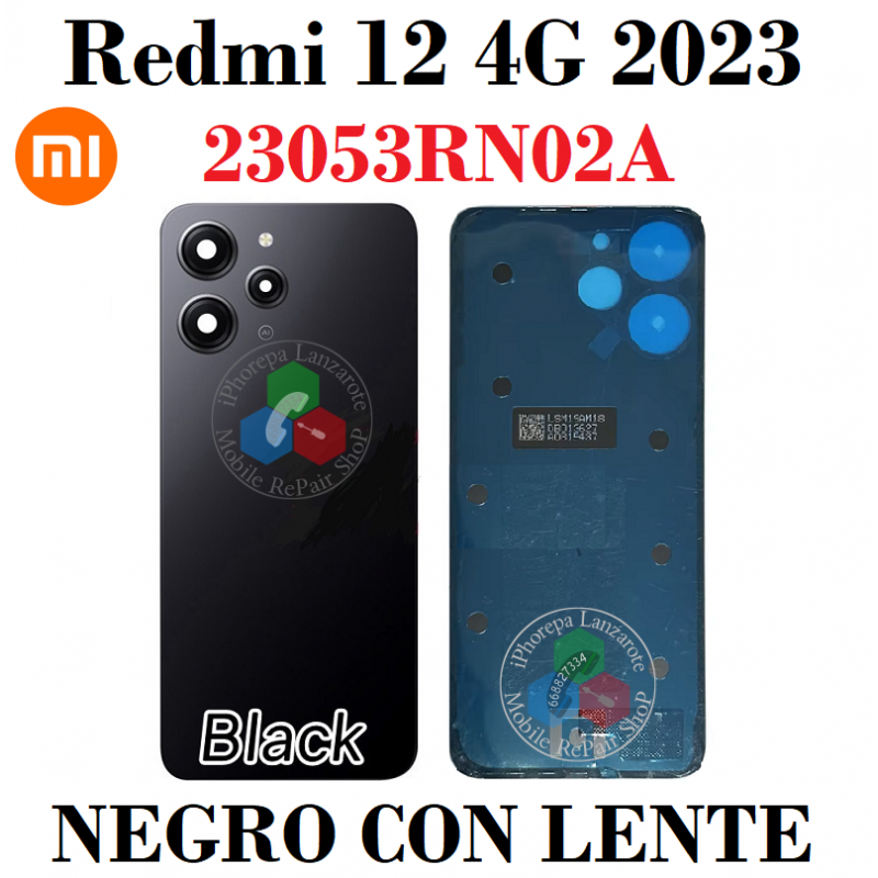 Xiaomi Redmi 12 4G 2023 23053RN02A - Tapa trasera con lente + embellecedor bisel - Negro - ORIGINAL