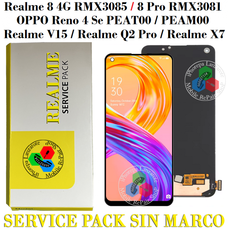 oppo Reno 4 Se / Realme X7 RMX2176 / 8 4G RMX3085 / 8 Pro RMX3081 / V15 / Q2 Pro RMX2173 - PANTALLA SERVICE PACK SIN MARCO