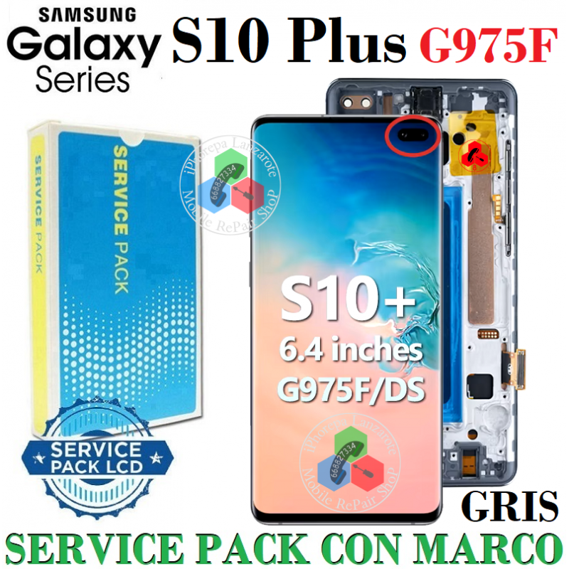 SAMSUNG S10 PLUS G975 G975F - PANTALLA SERVICE PACK CON MARCO GRIS / NEGRO