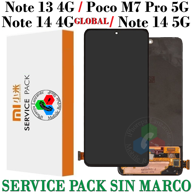 Xiaomi Redmi Note 13 4G  / Redmi note 14 4G ( version global ) / Note 14 5G / Poco M7 Pro 5G - PANTALLA service pack SIN Marco