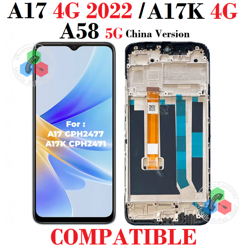 Oppo A17 4G 2022 CPH2477 / A17K CPH2471 / Oppo A58 5G (Version. China) - pantalla compatible con marco