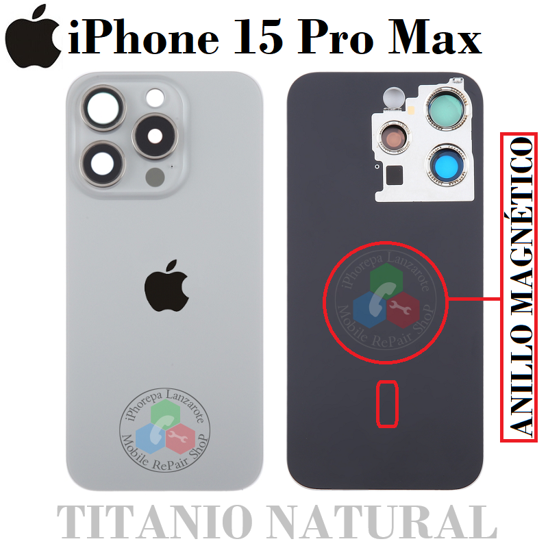 iPhone 15 Pro Max 5G 2023 A3106 - TAPA DE CRISTAL + MARCO + LENTE DE CAMARA + ANILLO MAGNÉTICO + LOGO - TITANIO natural