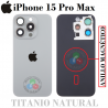 iPhone 15 Pro Max 5G 2023 A3106 - TAPA DE CRISTAL + MARCO + LENTE DE CAMARA + ANILLO MAGNÉTICO + LOGO - TITANIO natural