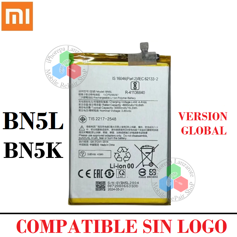 Xiaomi Redmi 12C 4G 2023 22120RN86G - 22126RN91Y / Poco C55 RMX3710 - BN5L - BN5K - BATERIA COMPATIBLE sin logo