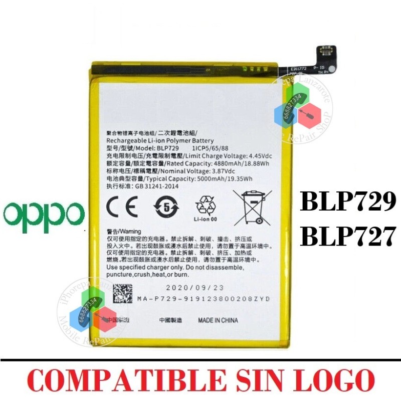 Oppo A5 2020  / A9 2020 /  A11 / A11X /  Realme 5 / C3 4G / C11 4G / C11 4G / C21 4G / C21Y "BLP729  BLP727 " BATERIA COMPATIBLE