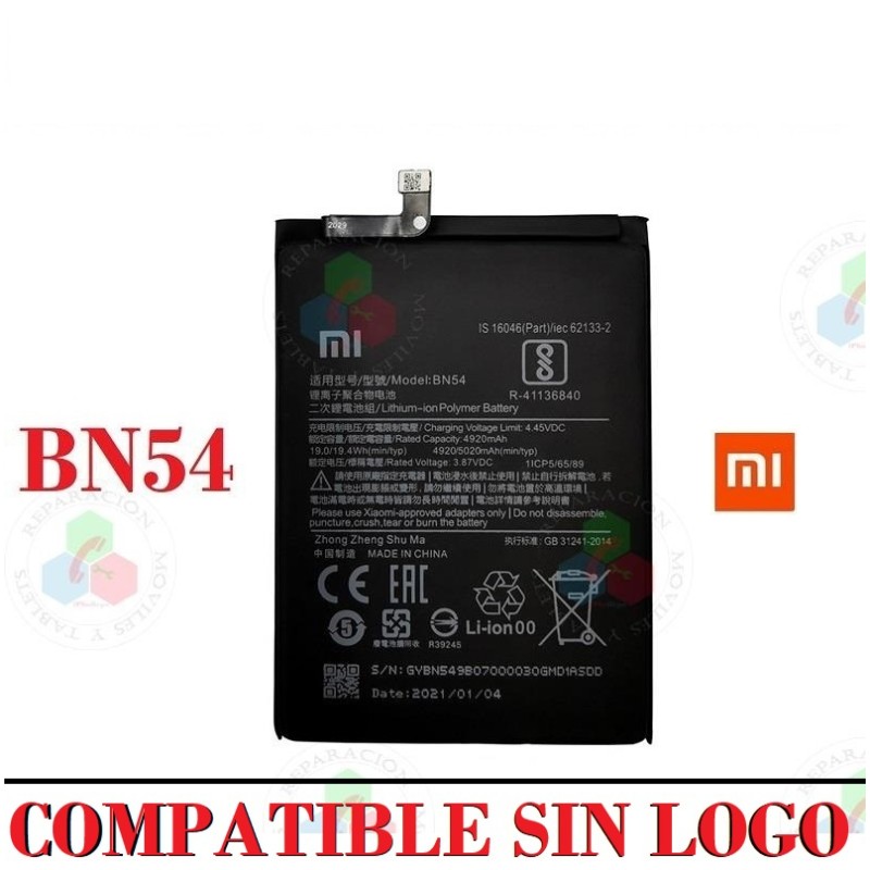 Xiaomi Redmi 9 4G 2020  / Redmi Note 9 4G ( mediatek )  / REDMI 10x 4G / REDMI 9 PRIME - BN54 - BATERÍA COMPATIBLE sin logo
