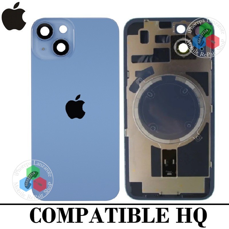 iPhone 14 5G 2022 A2882 - TAPA DE CRISTAL + MARCO + LENTE DE CAMARA + IMAN + LOGO - AZUL