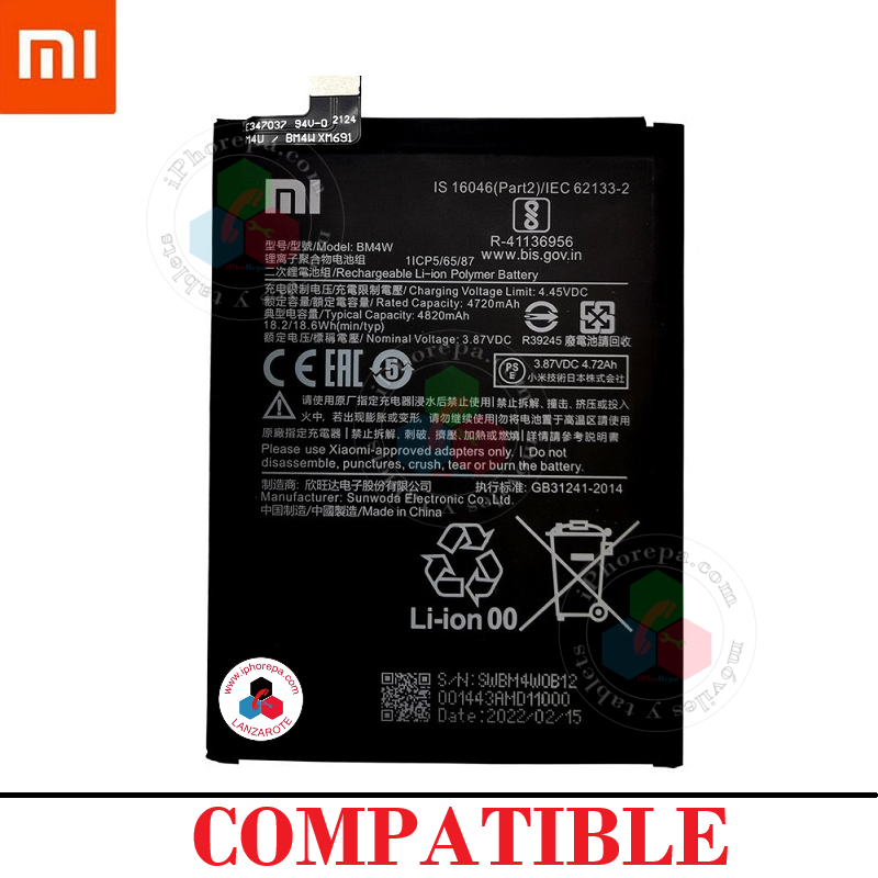 Xiaomi Mi 10T Lite 5G 2020 M2007J17G / Redmi Note 9 Pro 5G " BM4W " - BATERÍA compatible sin LOGO
