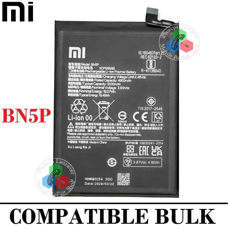 Xiaomi Redmi Note 13 4G 23129RAA4G / Redmi Note 13 5G, 2312DRAABC - BN5P - BATERÍA COMPATIBLE BULK CON LOGO