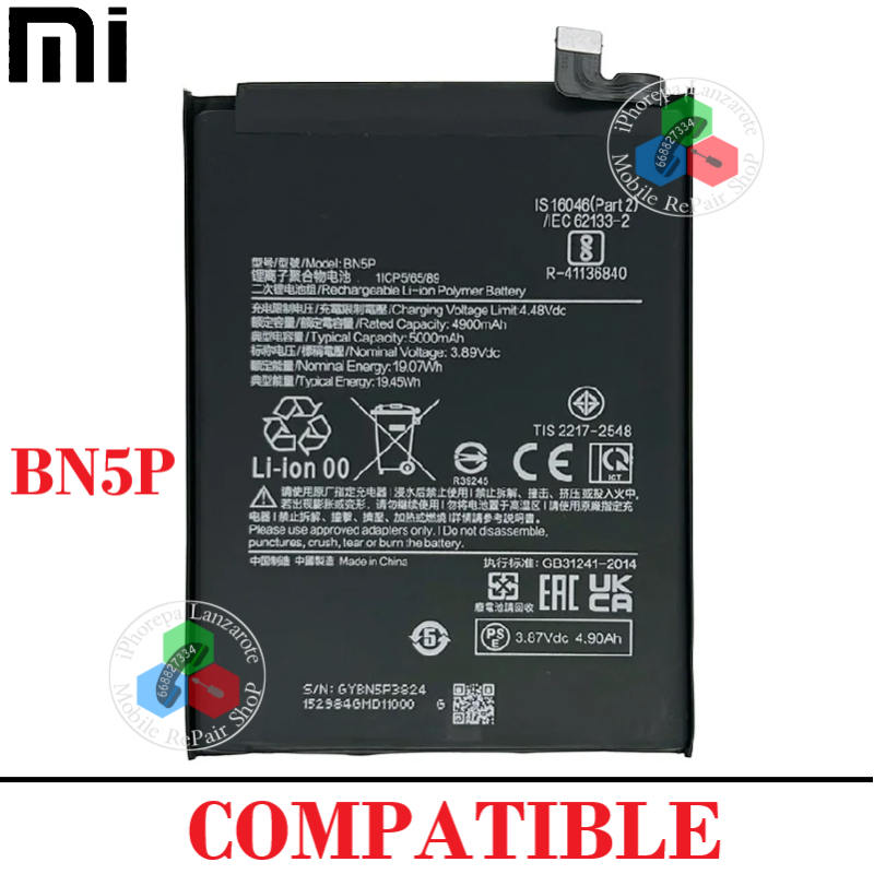 Xiaomi Redmi Note 13 4G 23129RAA4G / Redmi Note 13 5G, 2312DRAABC - BN5P - BATERÍA COMPATIBLE SIN LOGO