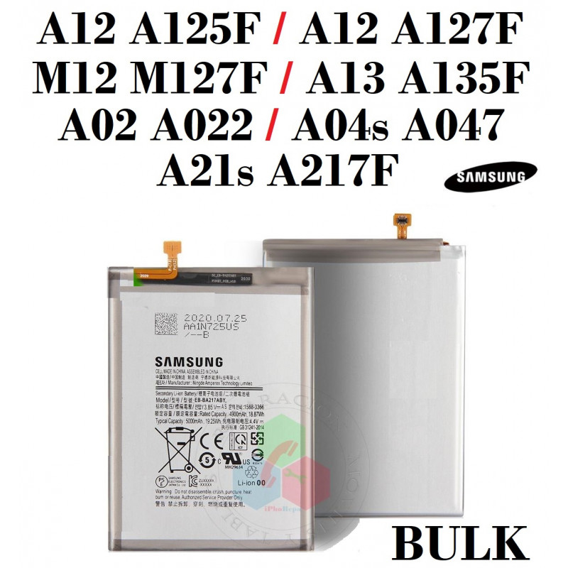SAMSUNG A21S A217F / M12 M127F / A12 NACHO A127F / A12 A125F / A13 A135F / A04s A047 / A02 A022 - BATERIA BULK con logo